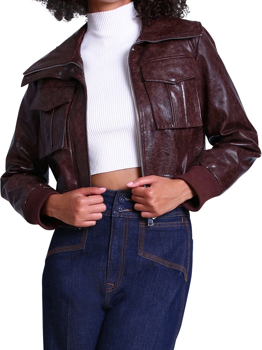 Avec Les Filles Cropped Dark Brown Faux Leather Jacket